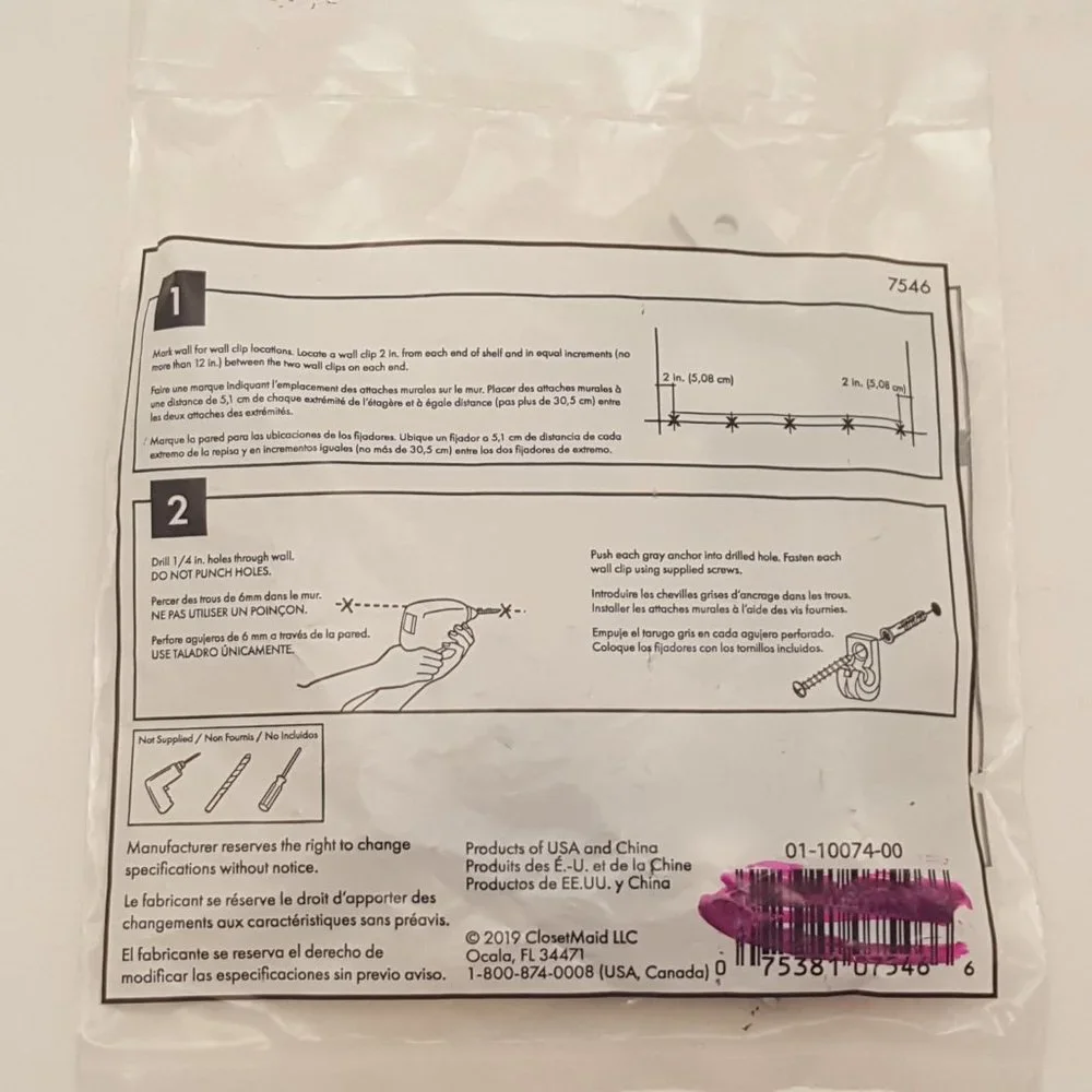 CLOSETMAID Concrete Wall Clips | Package of 12 | 7546 | 01-10074-00 | NEW
